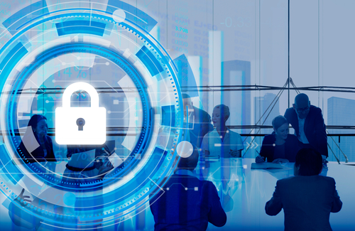 Board room meeting with lock graphics overlayed